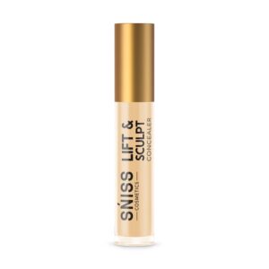 SNISS Lift & Sculpt Concealer in Ivory Play shade for fair skin, shown with applicator and smooth beige texture.