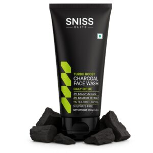 Charcoal facewash tube with natural ingredients like aloe vera, tea tree, and charcoal powder on a clean background.