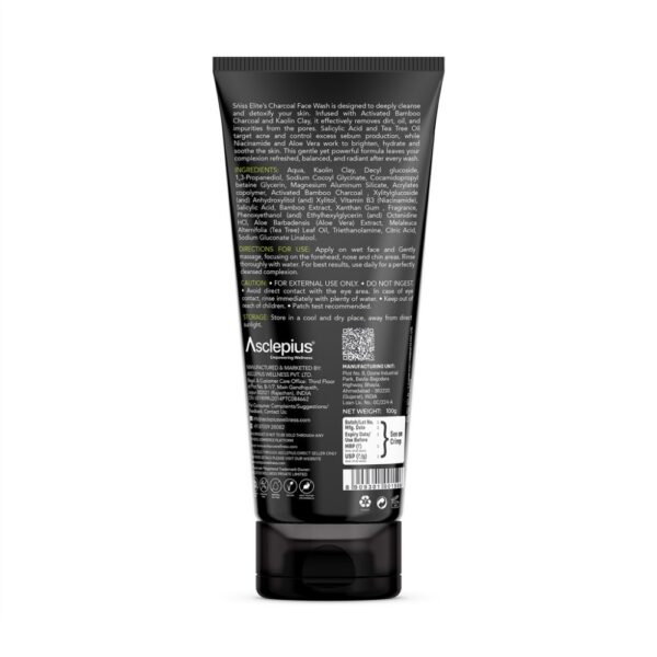 Back label of Asclepius Charcoal Facewash showing ingredients, usage directions, manufacturer details, and product safety instructions.