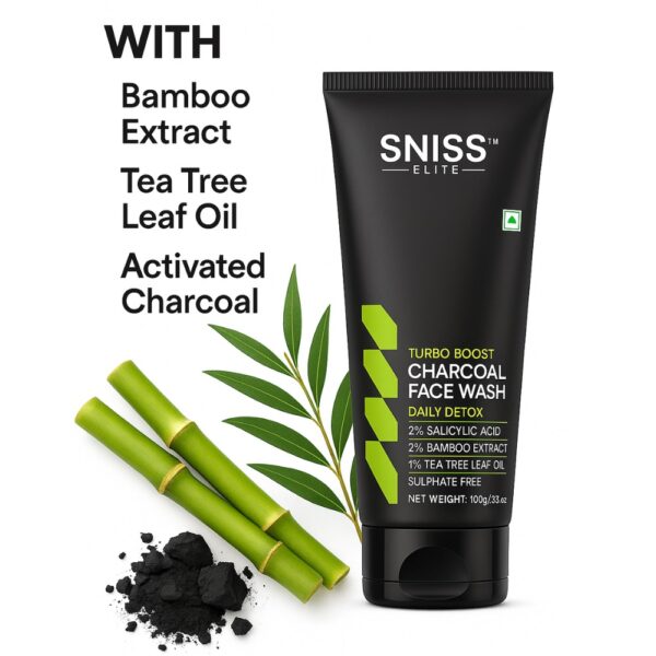 SNISS ELITE Charcoal Facewash tube with bamboo extract, tea tree oil, and activated charcoal, displayed with natural elements on a white background.